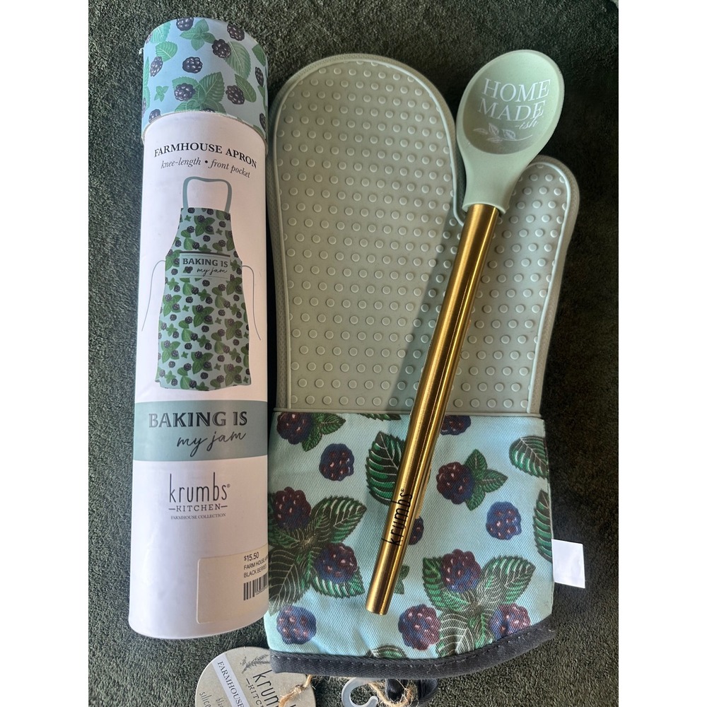 Krumbs Kitchen Farmhouse Apron Mitt Spoon Set OS Blackberry Sage Green NEW